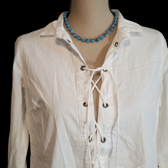 Dreamers White Laced Up Collared Long Sleeves  Dress. S - Picture 2 of 16